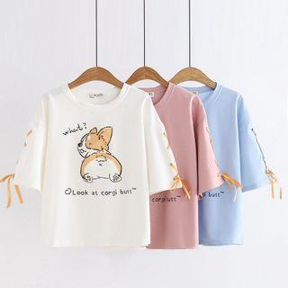 Short-sleeve Cartoon Print Lace-up T-shirt