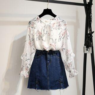 Set: Long-sleeve Floral Top + Denim A-line Skirt