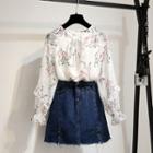 Set: Long-sleeve Floral Top + Denim A-line Skirt