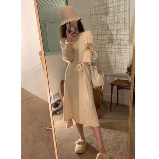 Tie-waist Round Neck Knit Midi Dress