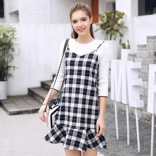 Set: 3/4-sleeve Top + Ruffle Check Dress