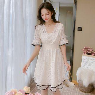 Bell Sleeve Contrast Trim Lace A-line Dress