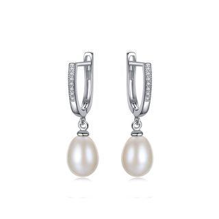 Sterling Silver Elegant And Simple White Freshwater Pearl Earrings With Cubic Zirconia Silver - One Size