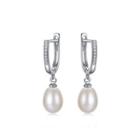 Sterling Silver Elegant And Simple White Freshwater Pearl Earrings With Cubic Zirconia Silver - One Size