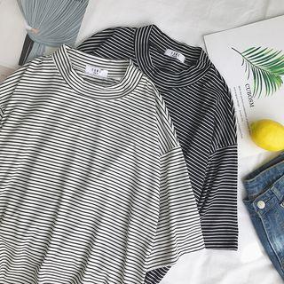 Elbow-sleeve Mock-neck Striped T-shirt