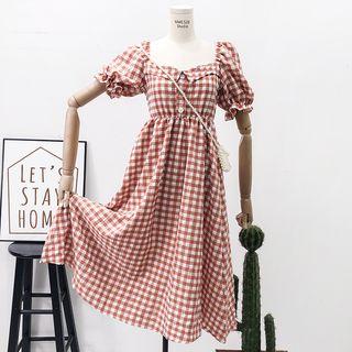 Boatneck Ruffled-trim Checked A-line Dress