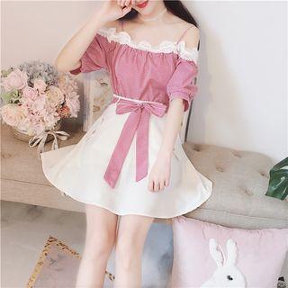 Set: Striped Off Shoulder Short Sleeve Blouse + A-line Skirt