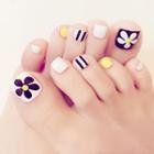Flower / Striped Faux Toe Nail Tips J36 - Blue & White & Yellow - One Size