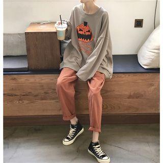 Set: Print Loose-fit Top + Straight-leg Pants