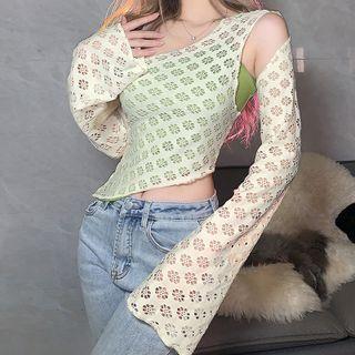 Set: Long-sleeve Asymmetrical Cutout T-shirt + One-shoulder Camisole Top