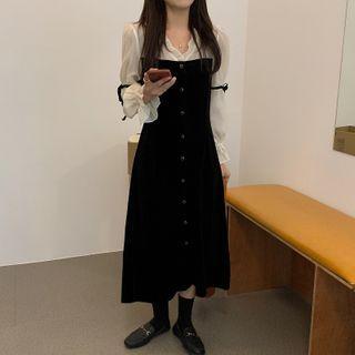 Bell-sleeve Two-tone Velvet Midi A-line Dress Black - One Size