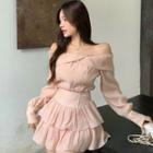 Long-sleeve Off-shoulder Twist Blouse / Tiered Mini A-line Skirt