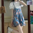 Puff-sleeve Top / Floral Print Frill Trim Suspender Shorts