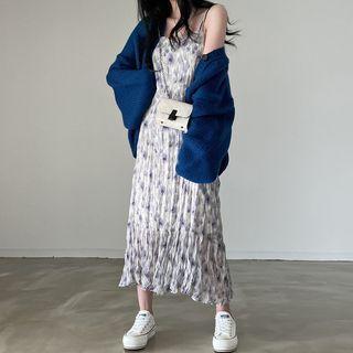 Spaghetti Strap Floral Dress White & Blue - One Size
