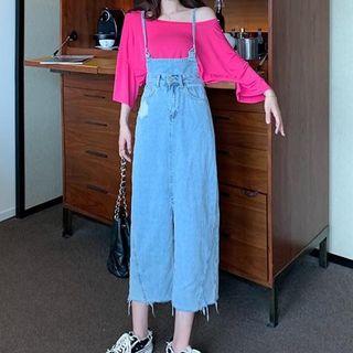 Off-shoulder Long T-shirt / Denim Pinafore Dress