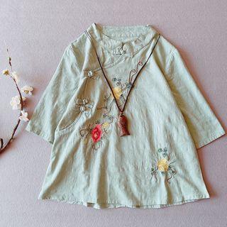 3/4-sleeve Embroidered Frog-button Linen Blouse
