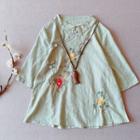 3/4-sleeve Embroidered Frog-button Linen Blouse