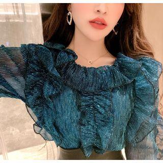 Ruffled Glitter Striped Blouse / Faux Leather Zip-up A-line Skirt