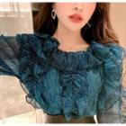 Ruffled Glitter Striped Blouse / Faux Leather Zip-up A-line Skirt