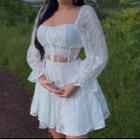 Puff Sleeve Square-neck Cut-out Lace A-line Dress