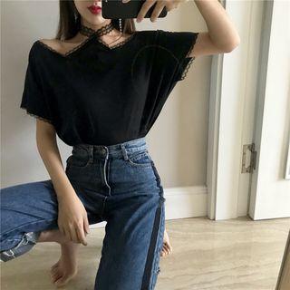 Lace Trim Off Shoulder Short-sleeve T-shirt