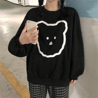 Bear Print Oversize Pullover / Plaid Cropped Straight-fit Pants
