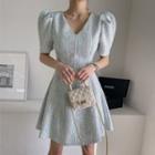 Puff-sleeve Flared Tweed Dress