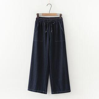 Drawstring-waist Contrast Stitching Straight-cut Jeans Dark Blue - One Size