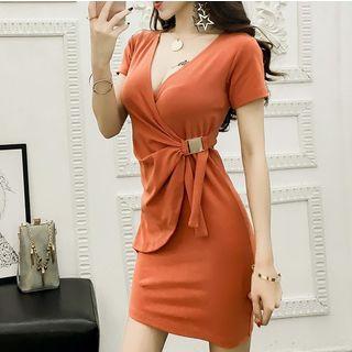 Short-sleeve Buckled Waist Mini Dress