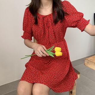 Short-sleeve Tie-waist Dotted Dress
