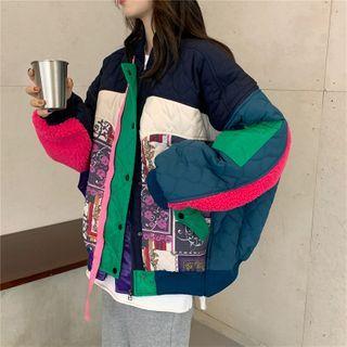 Floral Print Panel Zip Jacket Blue & Green & Rose Pink - One Size