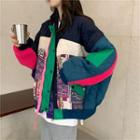 Floral Print Panel Zip Jacket Blue & Green & Rose Pink - One Size