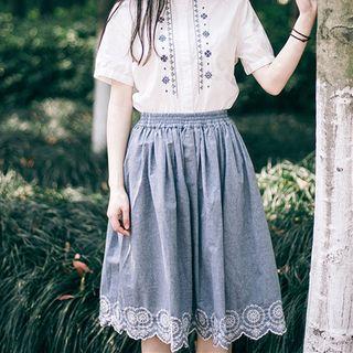 Linen Embroidered A-line Midi Skirt