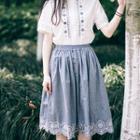 Linen Embroidered A-line Midi Skirt