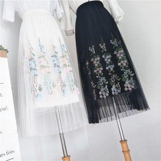 Sheer Panel Embroidered Pleated Midi Skirt