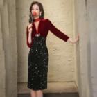 Long-sleeve Velvet Sequined Midi Dress