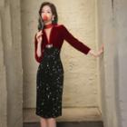 Long-sleeve Velvet Sequined Midi Dress