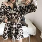 Leopard V-neck Loose-fit Cardigan As Figure - One Size