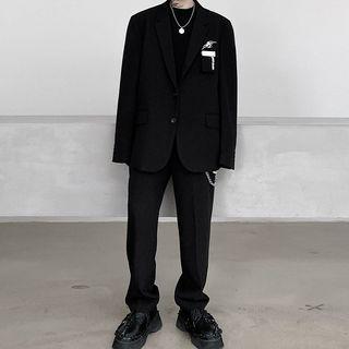 Set: Pocket Detail Single-breasted Blazer + Straight-fit Pants