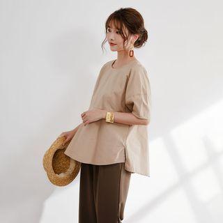 Short Sleeve Round Neck Plain Top Khaki - M