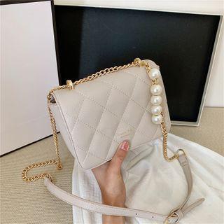 Faux Pearl Strap Quilted Flap Crossbody Bag