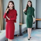 Set: Cap-sleeve Mock-neck Knit Top + 3/4-sleeve Sheath Knit Dress