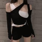 Mock Two-piece Long-sleeve Cropped Top Black - One Size