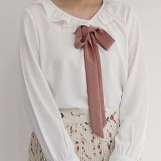 Beribboned Frill-neck Crepe Blouse