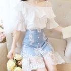 Cold-shoulder Bell-sleeve Top / Lace Panel Mini A-line Denim Skirt