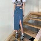 Irregular High-waist Denim Midi Skirt