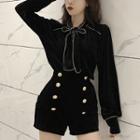 Tie-neck Velvet Shirt / High Waist Button-detail Shorts