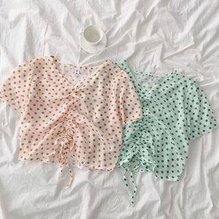 Dotted Drawstring Short-sleeve Blouse