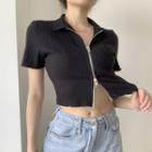 Plain Short-sleeve Zip-up Cropped Cardigan