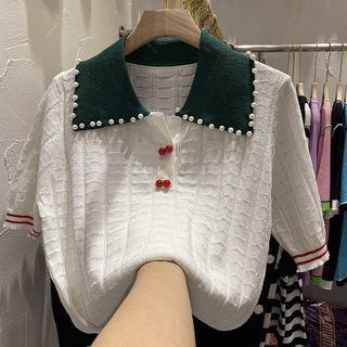 Short-sleeve Contrast Trim Collared Knit Top White - One Size